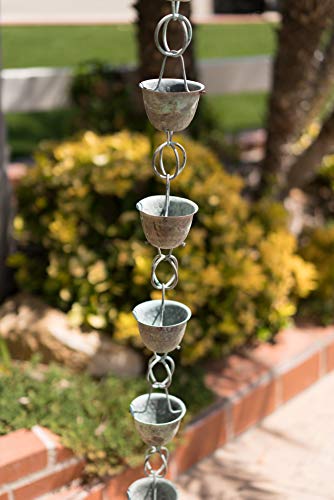 Monarch Pure Copper Hammered Cup Rain Chain 8-12-Feet Length Green Patina