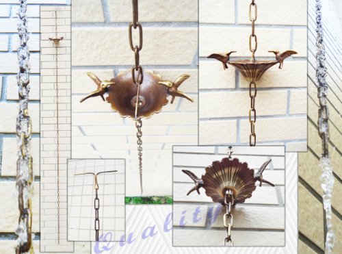 Brass Rain Chain  Brass Rain Cups With 2 Hummingbirds - 86&quot Inches H