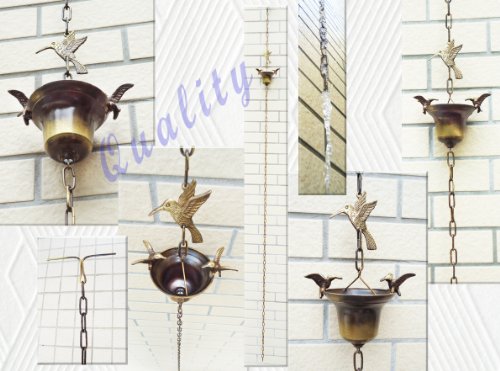 Brass Rain Chain  Brass Rain Cups With 3 Birds - 90&quot Inches H