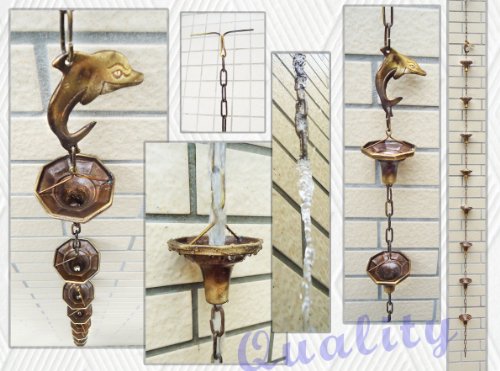 Brass Rain Chain  Brass Rain Cups With A Dolphin - 86&quot Inches H