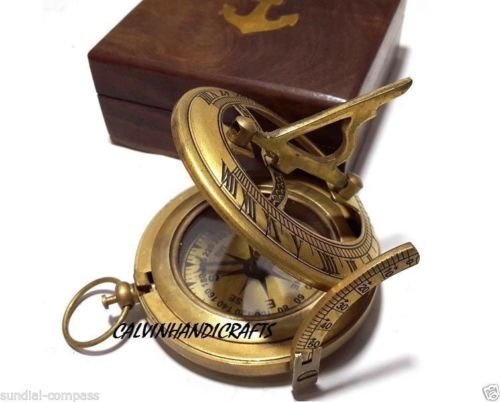 Brass Sundial compass- locket compass with wood case CHX7901