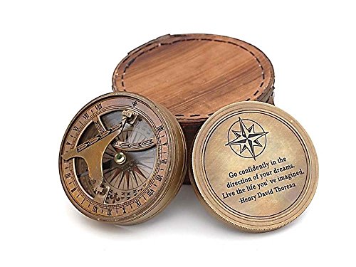 Reatirment Day Gift Thoreaus Go Confidently Notation Engraved Heavy Brass Sundial Compass with Leather Case