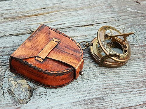 Solid Brass Sundial Push Compass With Leather Case