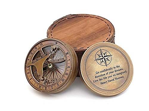 Thoreaus Go Confidently Notation Engraved Heavy Brass Sundial Compass With Leather Case