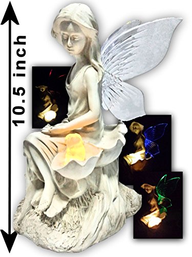 10.5 Inch Tall Solar Angel Fairy Statue Sitting With Lighted Yellow Bunny