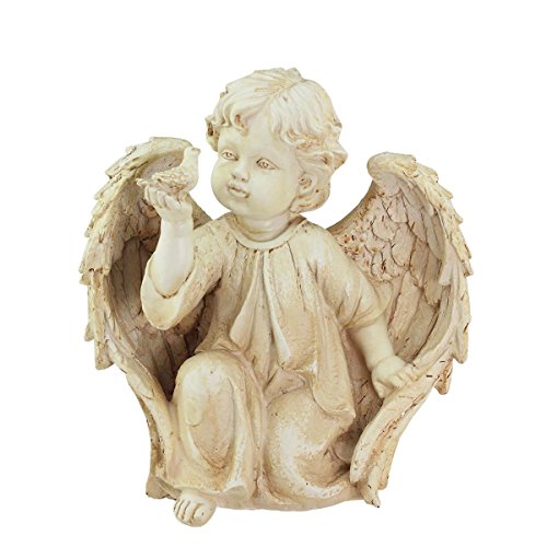 1025&quot Heavenly Gardens Distressed Ivory Cherub Angel On Bended Knee With Dove Outdoor Patio Garden Statue