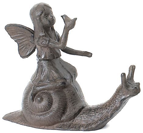 Cast Iron Angel On A Snail Cherub Garden Statue Fairy Yard Art
