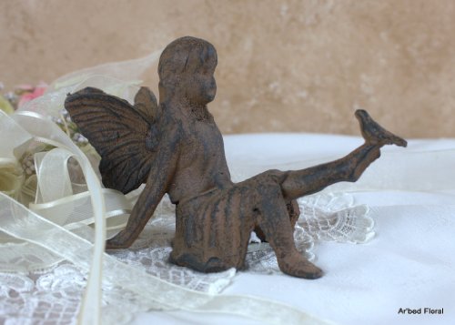 Cast Iron Sitting Angel W Bird Cherub Garden Statue Fairy
