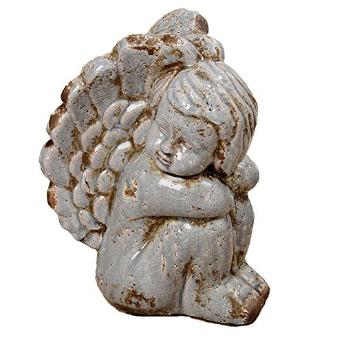 The Winged Cherub Angel Garden Statue 9&quot High Antiqued Glaze Over Terracotta By Whole House Worlds