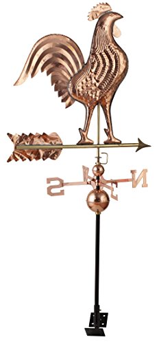 Classic Full Size 24&quotw Polished Copper Rooster Weathervane With Adjustable Roof Mount - Increase Curb Appeal For