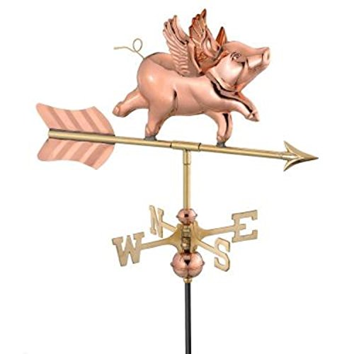 21 Handcrafted Polished Copper Flying Pig Outdoor Weathervane with Roof Mount