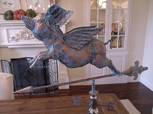 Large Handcrafted 3d 3- Dimensional Flying Pig Weathervane Copper Patina Finish