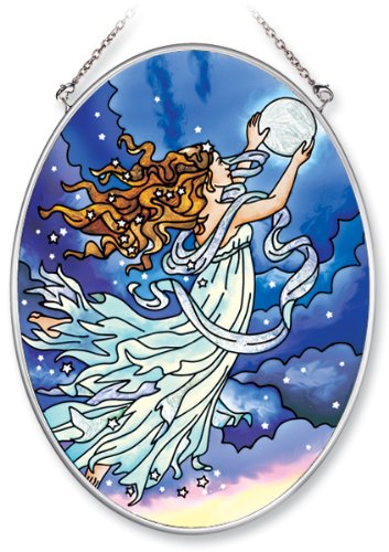 Amia Hand Painted Glass Suncatcher With Moon Fairy Design 5-14-inch By 7-inch Oval