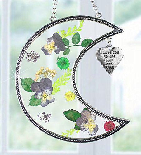 I Love You To The Moon And Back Suncatcher With Real Pressed Flowers In Glass And Silver Metal Heart Shaped Engraved
