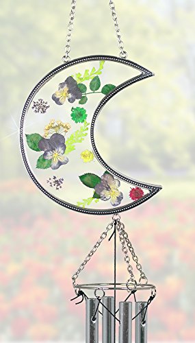I Love You to the Moon and Back Suncatcher Windchime with Real Pressed Flowers - Gifts for Mom - Metal Glass - 20 Inch High