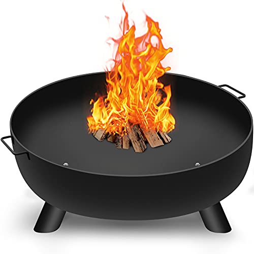 AMAGABELI GARDEN  HOME Fire Pit Outdoor Cast Iron Wood Burning Fire Bowl 28in with A Drain Hole Fireplace Extra Deep Large Round Outside Backyard Deck Camping Heavy Duty Metal Grate Rustproof Black