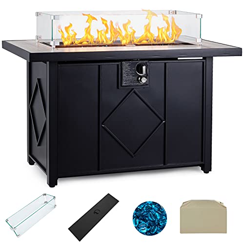 AVAWING Propane Fire Pit 42 inch 50000 BTU Gas Fire Pit Table with Glass Wind Guard Table Lid Fire Glass Waterproof Cover Outdoor Gas Fire Pit for Garden Patio Backyard Black