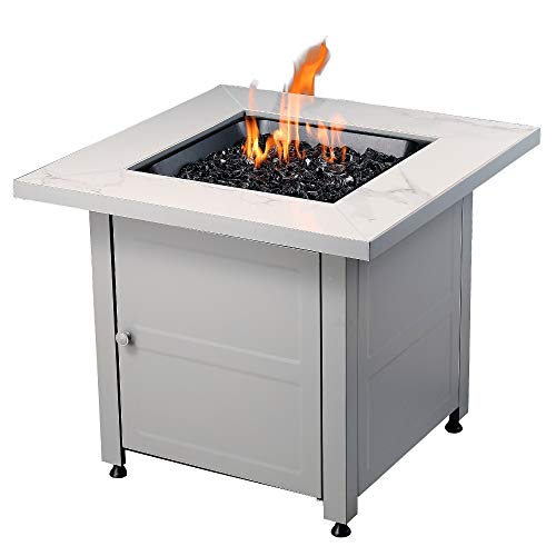 Endless Summer 30 Inch Square Outdoor Gas Fire Pit Table with Steel Mantel Slate Finish Black Fire Glass and Protective Cover Black Glass
