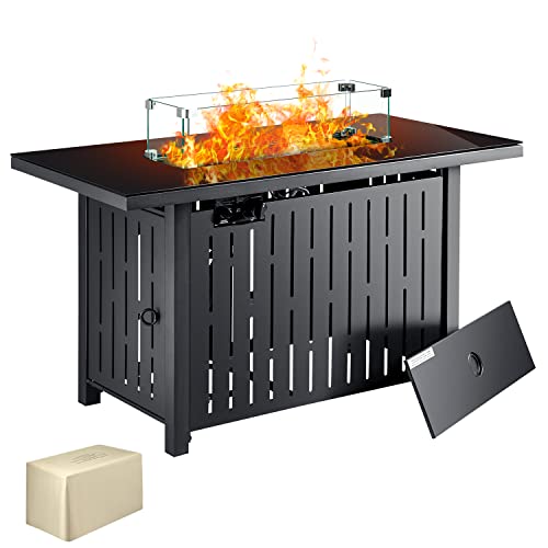 Flamaker Gas Fire Pit Table 43 inch 50000 BTU Outdoors Gas Firepits with Tempered Glass Desktop Glass Cover Lid and Lava Rock Black