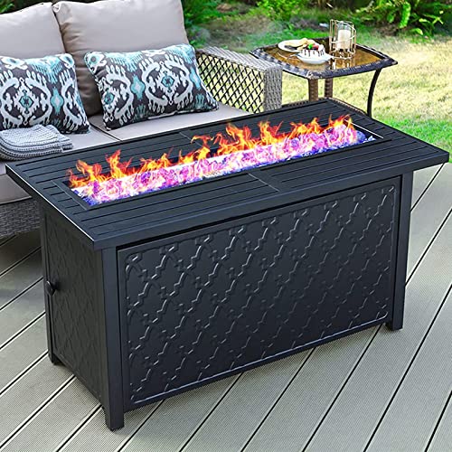 MFSTUDIO 45 Outdoor Rectangular Gas Fire Pit Table，50000 BTU Propane Iron Plate Embossing Fire Table with Lid and Blue Glass for PatioBackyard and BalconyBlack
