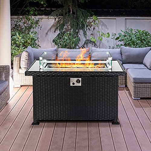Propane Gas Fire Pit Table with Wind Guard for Patio Backyard AutoIgnition Firepits 43 Rattan Table 50000 BTU Black