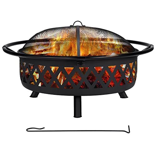 SUNCREAT 42 Patio Fire Pit Wood Burning with Mesh Spark Screen Bonfire Outdoor firepit with Fireplace Poker Black