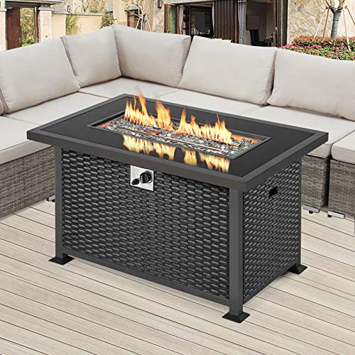 UMAX Outdoor Propane Gas Fire Pit Table 44 Inch 50000 BTU Gas AutoIgnition Rectangle Firepit for Patio with Black Rattan SurfaceTempered Glass Lid  Glass Stone Rock CSA Certification