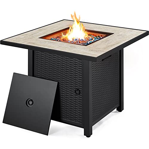 Yaheetech 30 Propane Gas Fire Pit Table 40000 BTU Square Gas Fire Table with Ceramic Tabletop and Blue Fire Glass Outdoor Fire Pit Table for OutsidePatio with Rattan Pattern Steel BaseLid Black