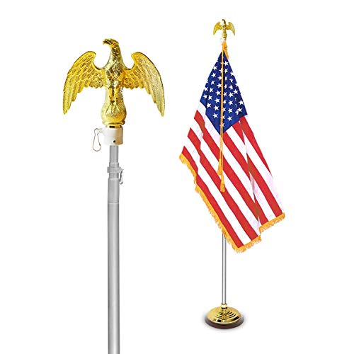 Anley 75ft Indoor Telescoping Flag Pole  Aluminum Telescopic Flagpole with Tangle Free Carabiners  Golden Eagle Top Finial  Lightweight Commercial Pole (1 Inch Dia Flag Pole Only)