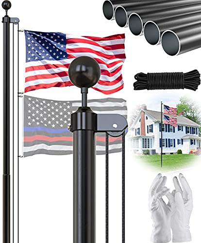 SCWN Black Flag Pole Kit25FT Sectional Aluminum Extra Thick Heavy Duty FlagPole with 5x3 USA Flag White GlovesFlag Poles for Outside in GroundYardCommercial or Residential FlagPoles