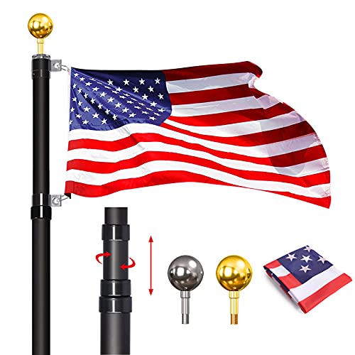 WeValor 20FT Telescoping Flag Pole Kit Heavy Duty Aluminum In Ground Telescopic Flag Poles with 3x5 American Flag Outdoor Old Glory Flagpole Kits for Outside Yard Residential or Commercial Black