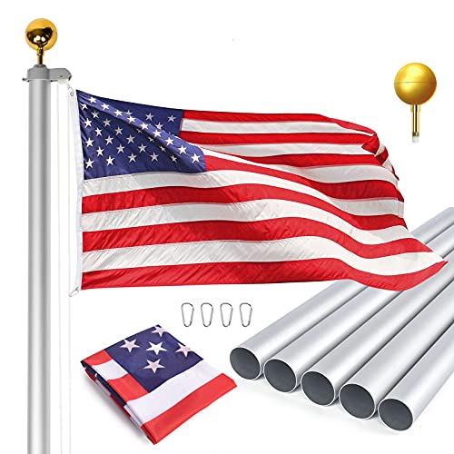 WinisKi 20ft Sectional Flag Pole Kit Black Heavy Duty Residential Flagpole Outdoor Adjustable Height Aluminum Outside Commercial Pole GoldenSilver Balls Topper 3x5 USA Flag