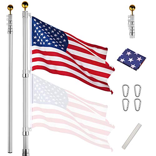 Yeshom Upgraded 20ft Telescopic 16 Gauge Heavy Duty Aluminum Flag Pole Free 3x5 US Flag  Ball Top Kit Flagpole for Residential Commercial Yard