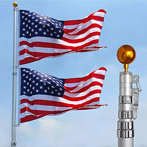 charaHOME 25FT Telescopic Flag Pole Free 3x5 American Flag  Golden Ball Top Kit Flagpole Hardware Heavy Duty 16 Gauge Aluminum Flagpole for Commercial or Residential Ground PVC Sleeve Fly 2 Flags