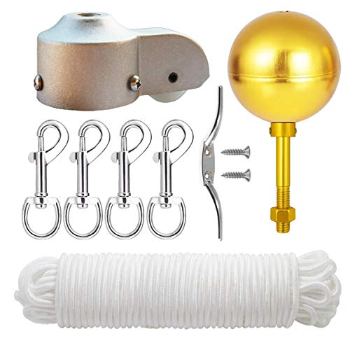EKEV Flag Pole Hardware Parts Repair Kits  3 Topper Gold Ball  50 Ft Halyard Rope  6 Cleat Hook  4 Flag Swivel Snap Hooks  Flagpole Pulley Truck for 2 OD Tube