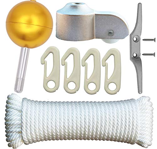Flagpole Repair Parts Kit  50 Feet Flag Halyard Rope  3 Flag Pole Topper Gold Ball  4 Cleat Hook  4 PCS Flag Clip Hooks  Flagpole Truck Caps for 2 Top