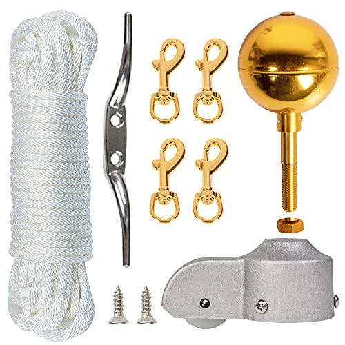 NQ Flagpole Hardware Repair Parts Kit  50 Feet Halyard Rope  3 Gold Ball  6 Zinc Alloy Cleat  4 PCS Metal Swivel Snap Clips  Cast Aluminum Truck for 2 Diameter Flag Poles Top