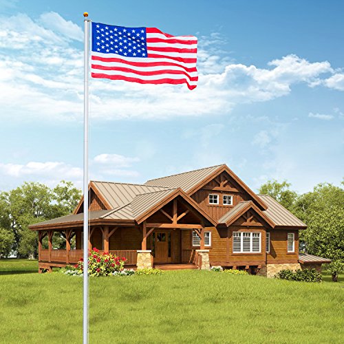VINGLI Upgraded 25FT Sectional Aluminum Flagpole Thick Tube Halyard Flag PoleKit Free 27~33mph with 3x5 Polyester USA American Flag， Golden Ball Top Halyard Rope PVC Sleeve Outdoor Residential