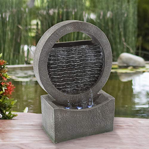 Pure Garden 50LG1217 Round Cascade FountainPolyresin Waterfall with LED LightsOutdoor Decorative Water Feature185 TallModern Stone Wall Look Design Gray