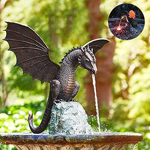 Sawasoco StatueFountain Dragon Garden Outdoor Precision Casting FireBreathing Dragon Fountains Garden Dragon Statue Resin Sculpture Solid Bronze Water Feature for Home Garden Decoration