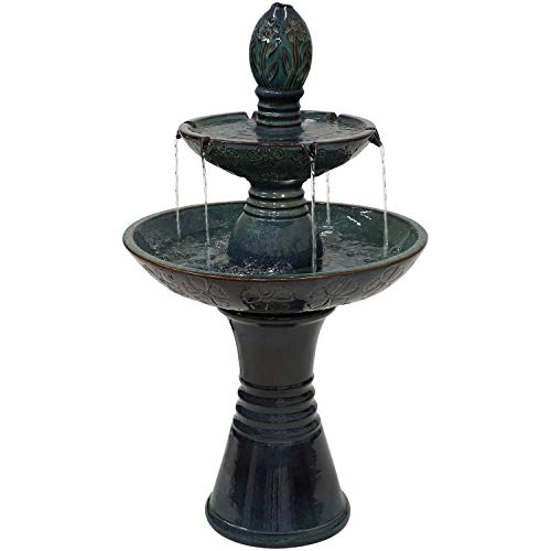 Sunnydaze Double Tier Outdoor Ceramic Fountain with LED Lights  Outside Decorative Water Feature for Garden Patio Backyard Lawn Porch and Balcony  38Inch