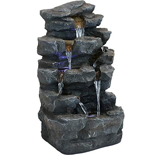 Sunnydaze Grotto Falls Outdoor Water Fountain with LED Lights  Small Polyresin Zen Waterfall Feature for Lawn Garden or Patio  Corded Electric  24Inch