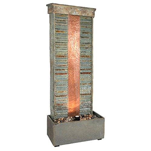 Sunnydaze Outdoor Water Fountain  Large Rippled Slate Garden Water Feature  Backyard Waterfall with Copper Accents  LED Spotlight  48 Inch Tall  Perfect for Yard Garden Patio or Porch