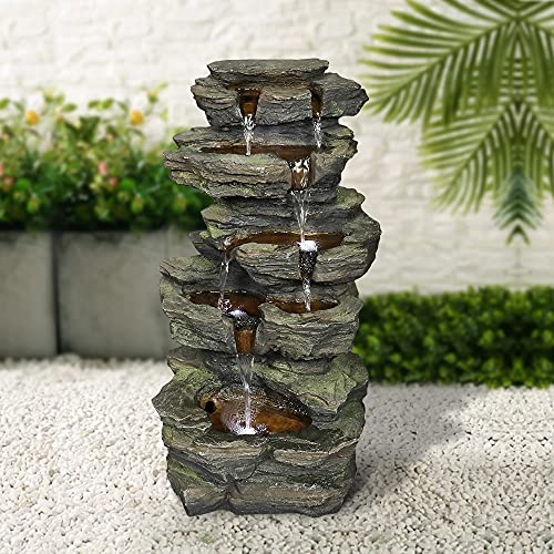 watnature Stacked Rock IndoorOutdoor Waterfall Fountain  24 Tall Mossy Rock Cascading Floor Water Feature StoneLiking Outdoor Fountain Art Decor for Garden HouseOffice Decor (Grey 24inch)