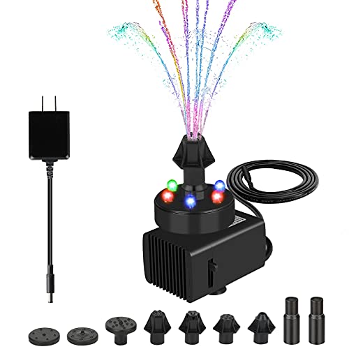 24Hours Working Bird Bath Fountain Pump Jutai Adjustable Quiet Water Pump with LED Lights for BirdbathGardenSmall Fish TankPond  with 7 Nozzles164Ft Power Cord and Adapter Included(Colorful)