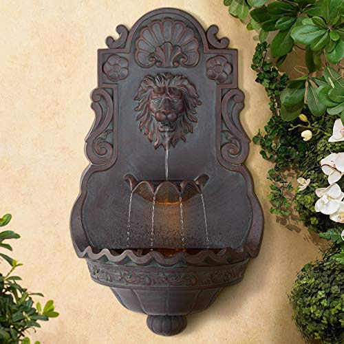 John Timberland Lion Head Roman Outdoor Wall Water Fountain with Light 31 12 High 2 Tiered for Yard Garden Patio Deck Home