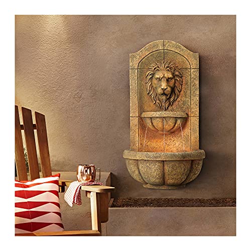 John Timberland Lion Head Roman Outdoor Wall Water Fountain with Light LED 29 12 High 2 Tiered for Yard Garden Patio Deck Home