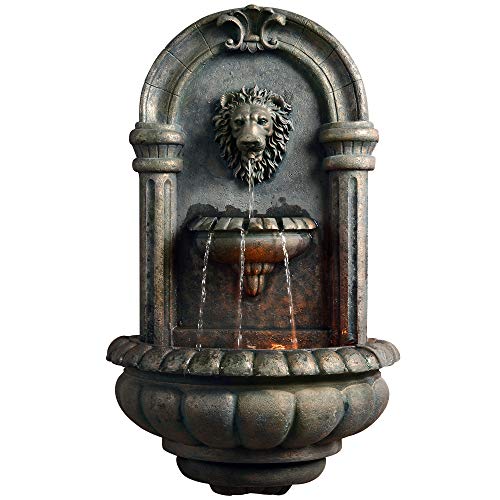 Peaktop Royal Lion Head Light Weight Wall Waterfall Fountain with LED Lights and Pump for Outdoor Patio Garden Backyard Decking Décor 32 inch Height Dark Gray