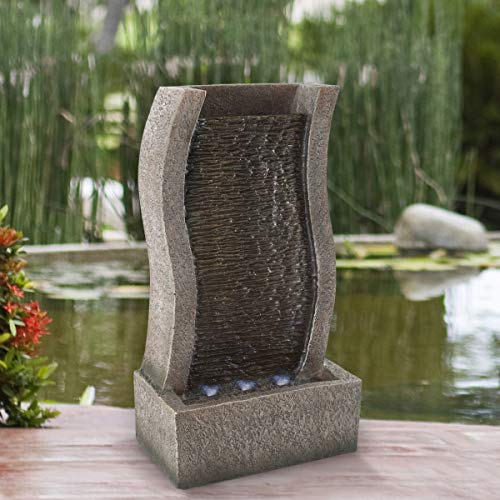 Pure Garden 50LG1216 Stone Wall Standing FountainPolyresin Waterfall with LED Lights Silver