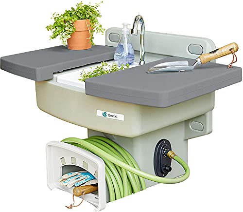 Genki  Outdoor Garden Sink with Hose Hook Up  White Potting Bench with Hose Holder  Outside Sink Station  Gardening Drinking Fountain  Sinks Table  Hand Washing Water Station with Hookup